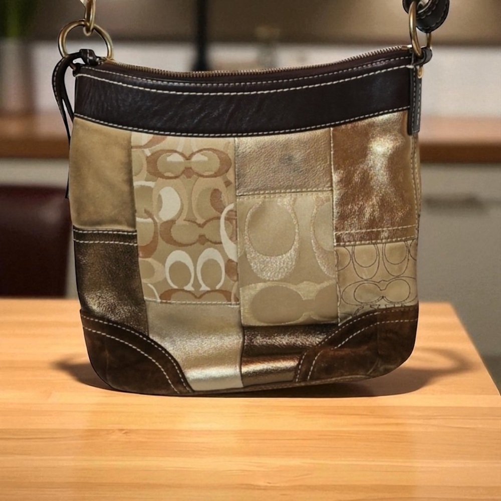 Ltd. Edition Vintage Coach Patchwork Bag Signature Leather & Fabric Tan/Gold